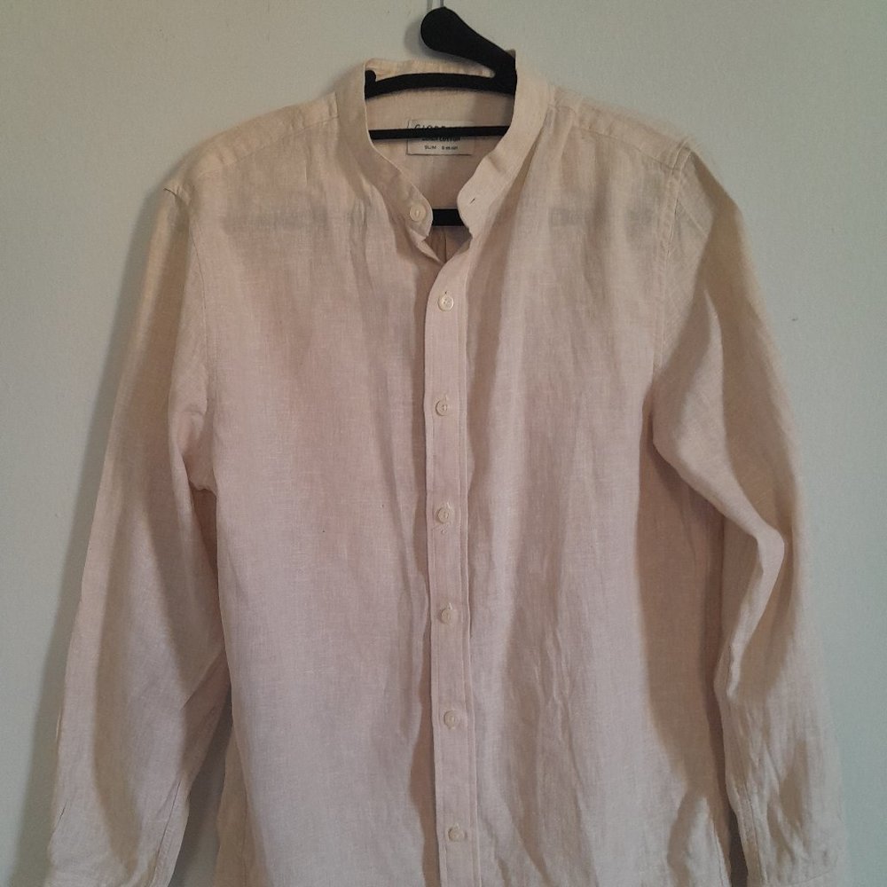 Giordano - Collarless banded Long Sleeve linen shirt